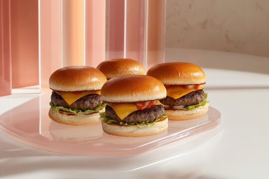 A slider trio featuring mini gourmet burgers positioned in front sophisticated background softly curved translucent acrylic shapes an elegant balance