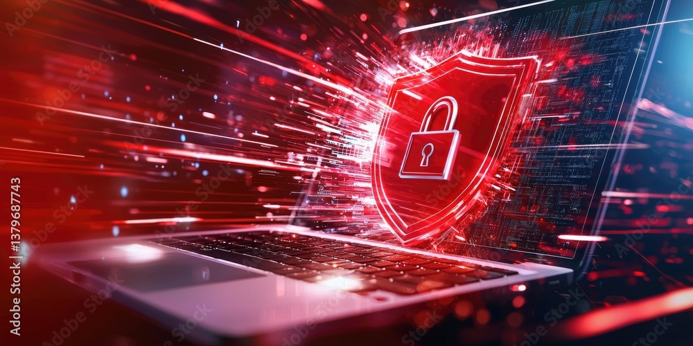 Poster a vibrant red shield, emblazoned with a menacing padlock, dominates the screen of an open laptop. th