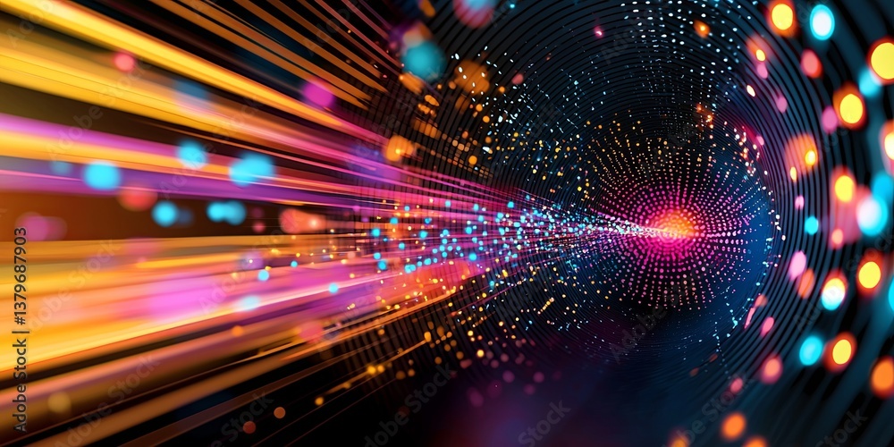 Poster A vibrant, abstract illustration showcasing a dynamic array of small particles in a circular formation, symbolizing the interconnectedness of modern science and technolog