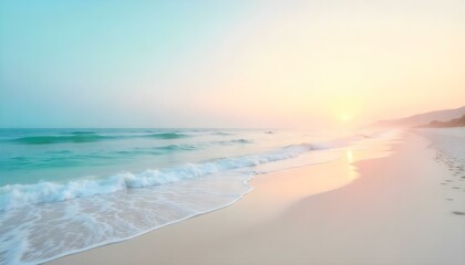 Obraz premium A panoramic view captures a serene beach scene at what appears to be either sunrise or sunset, characterized by a soft, pastel color palette