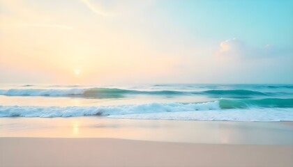 Obraz premium A panoramic view captures a serene beach scene at what appears to be either sunrise or sunset, characterized by a soft, pastel color palette