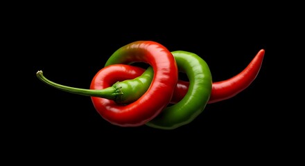 Intertwined Chili Peppers Red and Green Hot Food Vegetables Concept