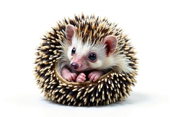 Obraz premium Tiny hedgehog curled in a ball, isolated on pure white background, thorn, prickles