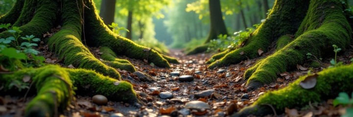 Muddy forest floor with mossy rocks and tangled tree roots, floor, rugs, tree