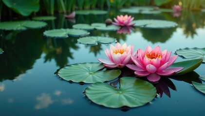 Water lilies form intricate pattern on calm lake surface, floral pattern, aquatic, nature photography