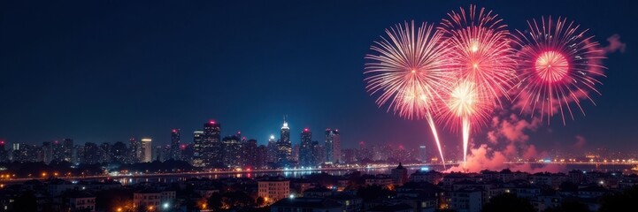 New Year fireworks exploding in the night sky over a cityscape, celebration, night sky
