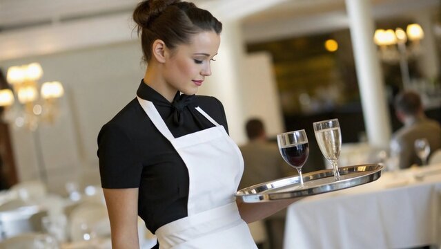 Close-up of a beautiful, elegant waitress with neatly tied hair, wearing a stylish black dress and white apron