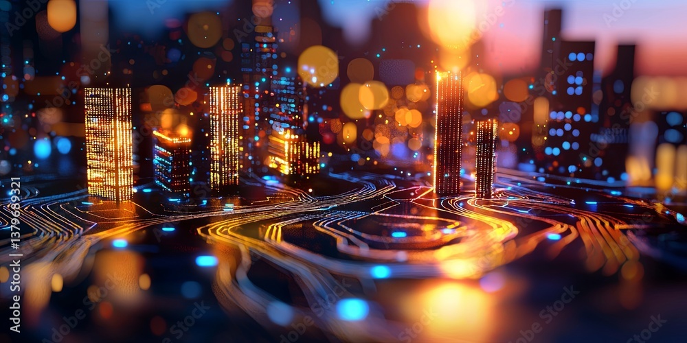 Fototapete A vibrant, futuristic cityscape, where towering neural networks hum with the energy of big data and cybersecurity, their data streams converging like a global river. Boke