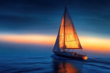 A solitary sailboat drifting across misty ocean at twilight bathed in an ethereal combination deep azure and orange luminescence dramatic