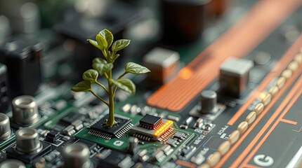 Obraz premium A small plant is growing from a computer circuit board