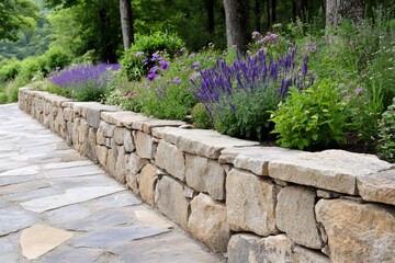Retaining wall made of granite bordering a lavender flower bed in a garden