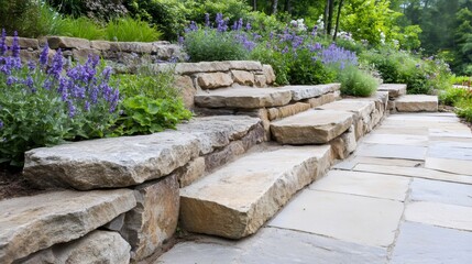 Stone steps and retaining wall with blooming catmint in a garden