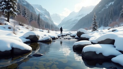 Snow-covered mountain valley with clear flowing river and rocks under bright winter sun	