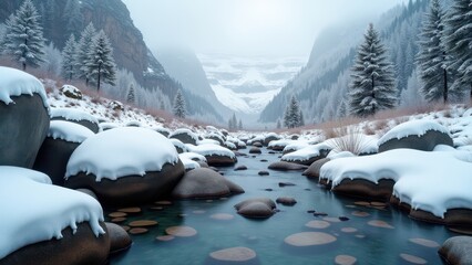 Snow-covered mountain valley with clear flowing river and rocks under bright winter sun	