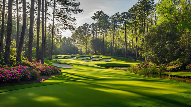 Serene Golf Course Landscape with Bunkers, Trees, and Vibrant Azaleas in Augusta, Georgia, Under a Bright Sky