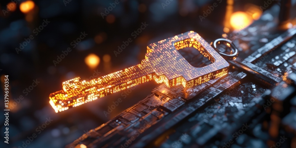Leinwandbilder A delicate, luminescent key, crafted from binary code, glided into a padlock s metallic embrace, unlocking a digital vault filled with cherished personal files, a testame