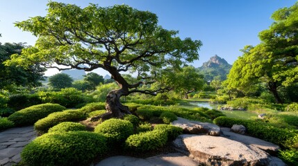 Naklejka premium Beautiful ornamental tree growing in a japanese garden