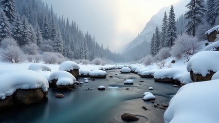Snow-covered mountain valley with clear flowing river and rocks under bright winter sun	