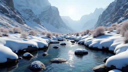 Snow-covered mountain valley with clear flowing river and rocks under bright winter sun	