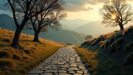 Stone path through grassy hills at sunrise with scattered trees and long shadows	