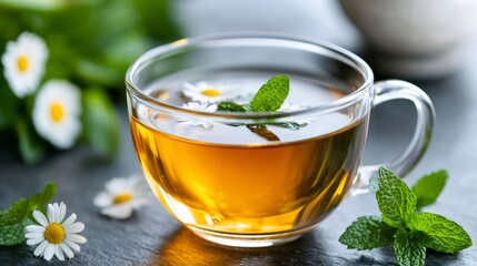Chamomile tea with mint leaves is steaming in a glass cup