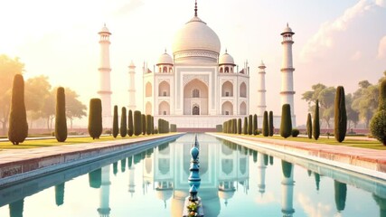 Taj Mahal Reflection Pool Animation – Iconic Indian Monument with Symmetry and Morning Light, Mughal Architecture Scene for Travel Promos, Cultural Documentaries, and Historical Motion Graphics"
