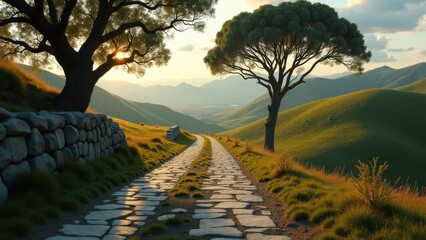 Stone path through grassy hills at sunrise with scattered trees and long shadows	