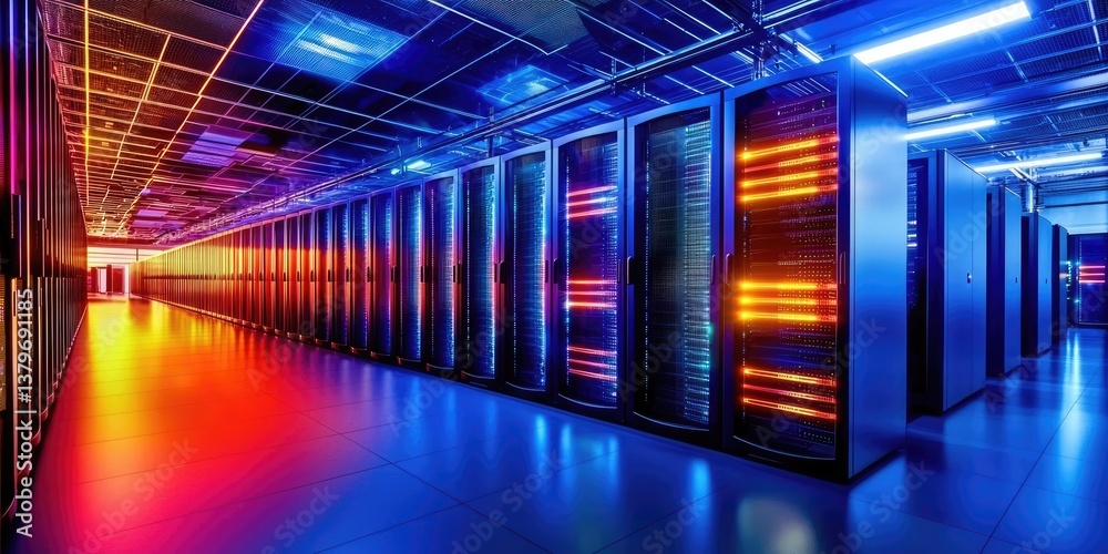 Poster within a cavern of digital light, where rows of glowing servers hummed with energy, a futuristic dat