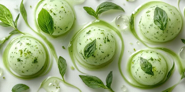 Six scoops of pale green mint ice cream or sorbet, garnished with fresh basil/mint leaves and green sauce. Ideal for blogs on healthy recipes, desserts, food photography, summer drinks, and vegan 