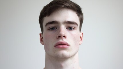 Fototapeta premium A young man with a neutral expression gazes directly at the camera, showcasing a clean background.