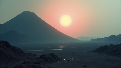 Desert valley with winding stream at sunset between silhouetted hills	