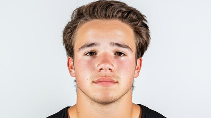 Fototapeta premium A portrait of a young man with short hair, looking directly at the camera with a neutral expression against a plain background.