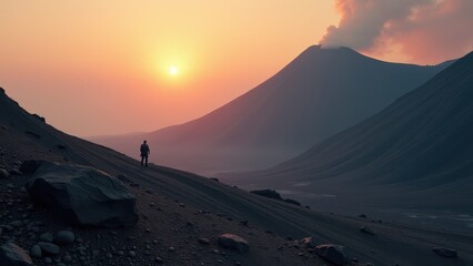 Desert valley with winding stream at sunset between silhouetted hills	