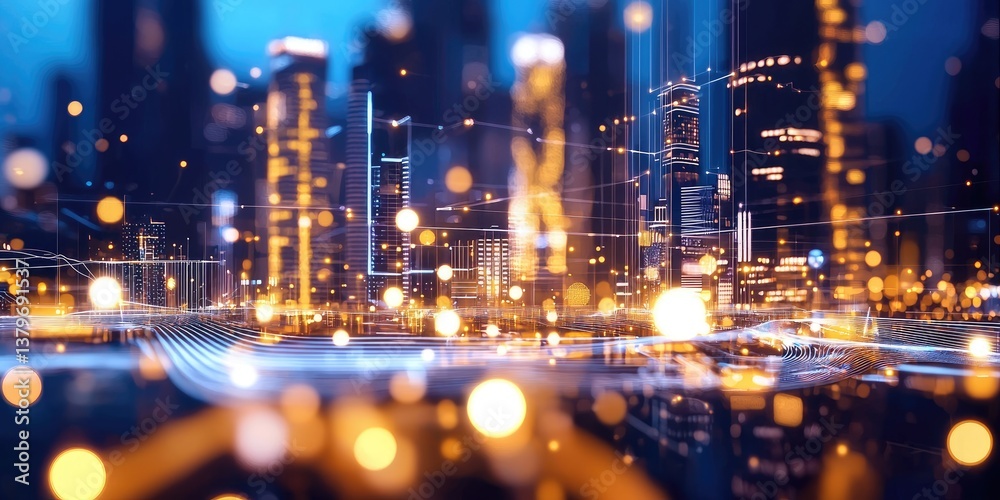 Poster a futuristic cityscape, crafted from swirling lines and glowing dots of white, pulsates with an ener
