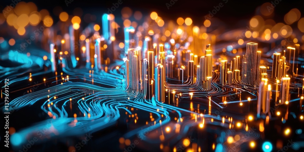 Poster a futuristic cityscape, crafted from swirling lines and glowing dots of white, pulsates with an ener