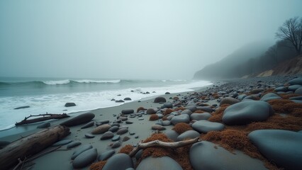 Overcast rocky coastline with misty cliffs and gentle waves under grey sky	