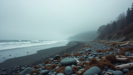 Overcast rocky coastline with misty cliffs and gentle waves under grey sky	