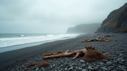 Overcast rocky coastline with misty cliffs and gentle waves under grey sky	