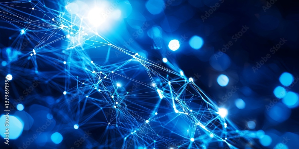 Poster A dynamic blue network, a web of interconnected nodes, forming a mesmerizing backdrop for technological innovation and digital design, hinting at the boundless possibilit
