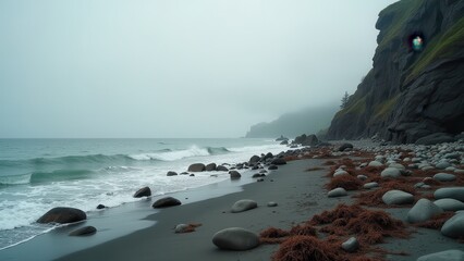 Overcast rocky coastline with misty cliffs and gentle waves under grey sky	