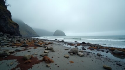 Overcast rocky coastline with misty cliffs and gentle waves under grey sky	