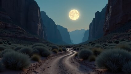 Desert canyon landscape illuminated by full moon with winding trail and sparse vegetation	