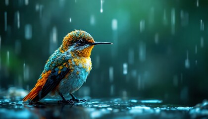 Colorful Hummingbird Standing in Rain Enjoying Nature Scene in the Wild