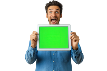 Excited man with a green screen tablet expressing joy in a bright atmosphere
