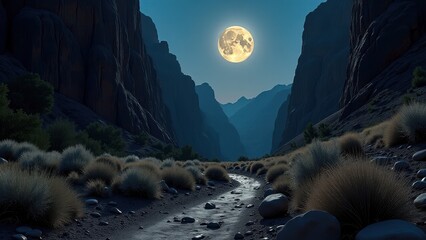 Desert canyon landscape illuminated by full moon with winding trail and sparse vegetation	