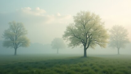 Symmetrical rows of blooming trees in foggy field with soft morning light	