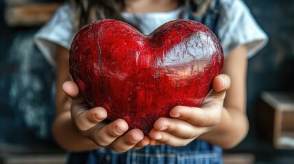 child's hands holding a large, textured red heart object, symbolizing love, care, or giving. Excellent for charity, parenting, health (heart), and Valentine's Day blogs/sites.