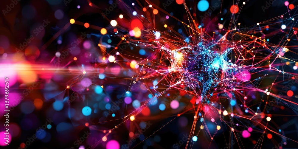 Leinwandbilder A vibrant, 3D plexus of interconnected dots and lines, symbolizing the intricate web of a vast network, big data, and technology.