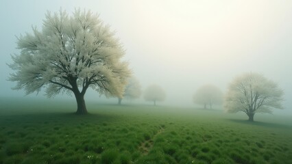 Symmetrical rows of blooming trees in foggy field with soft morning light	