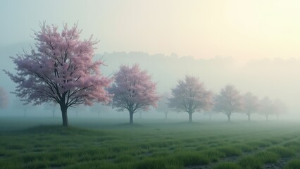 Symmetrical rows of blooming trees in foggy field with soft morning light	